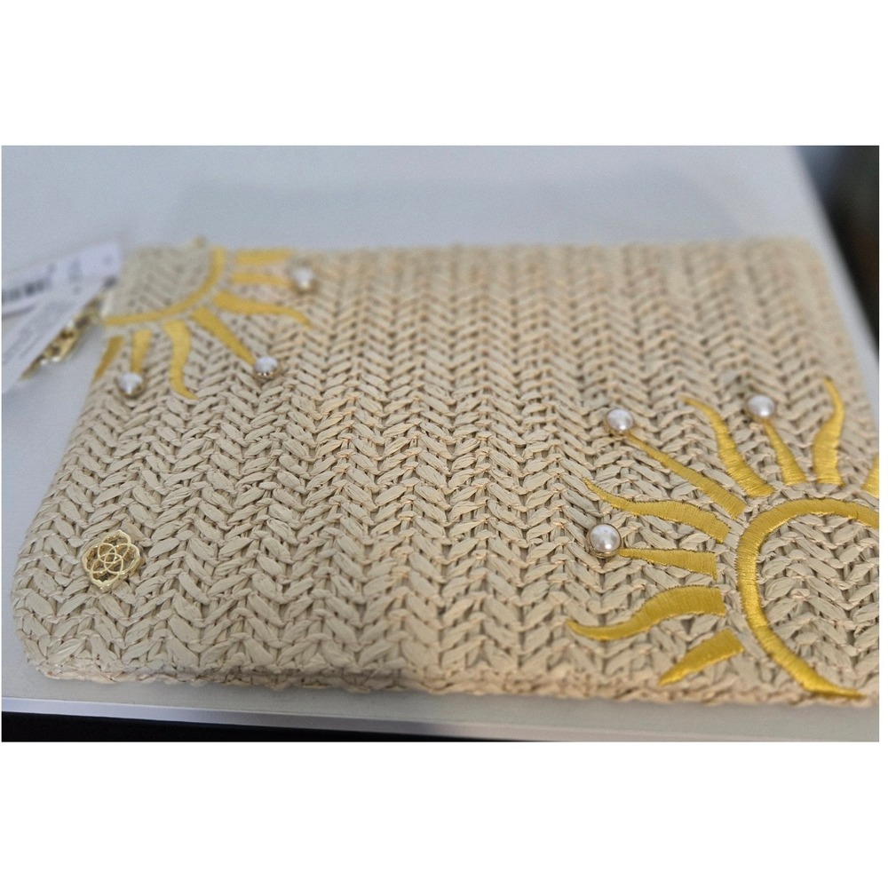 Kendra Scott Solana Pouch Yellow Natural Straw Sun Embroidery Pearl Gold Chain